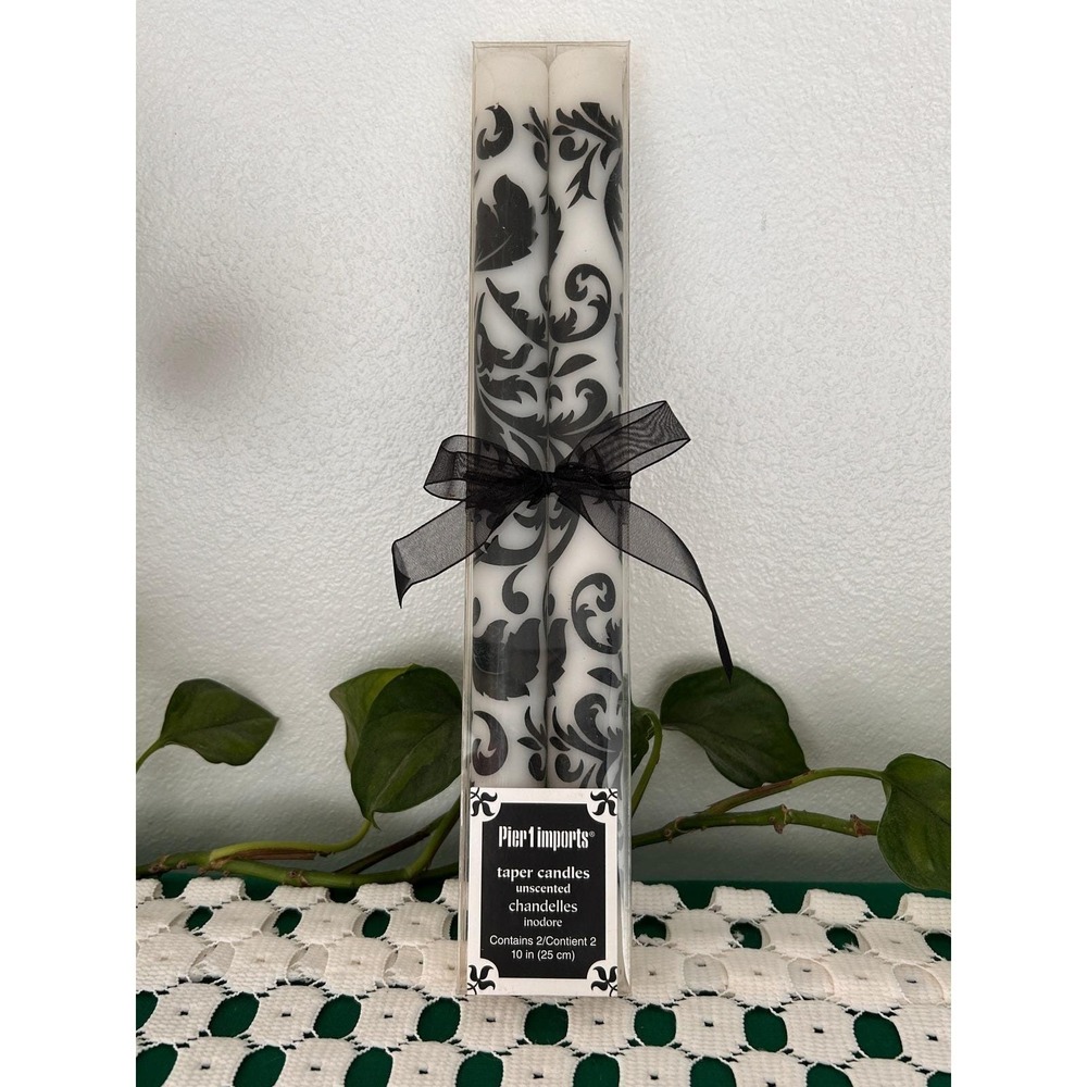 New Vintage Pier 1 Imports Black White Damask Taper Candles 10 Inch Unscented